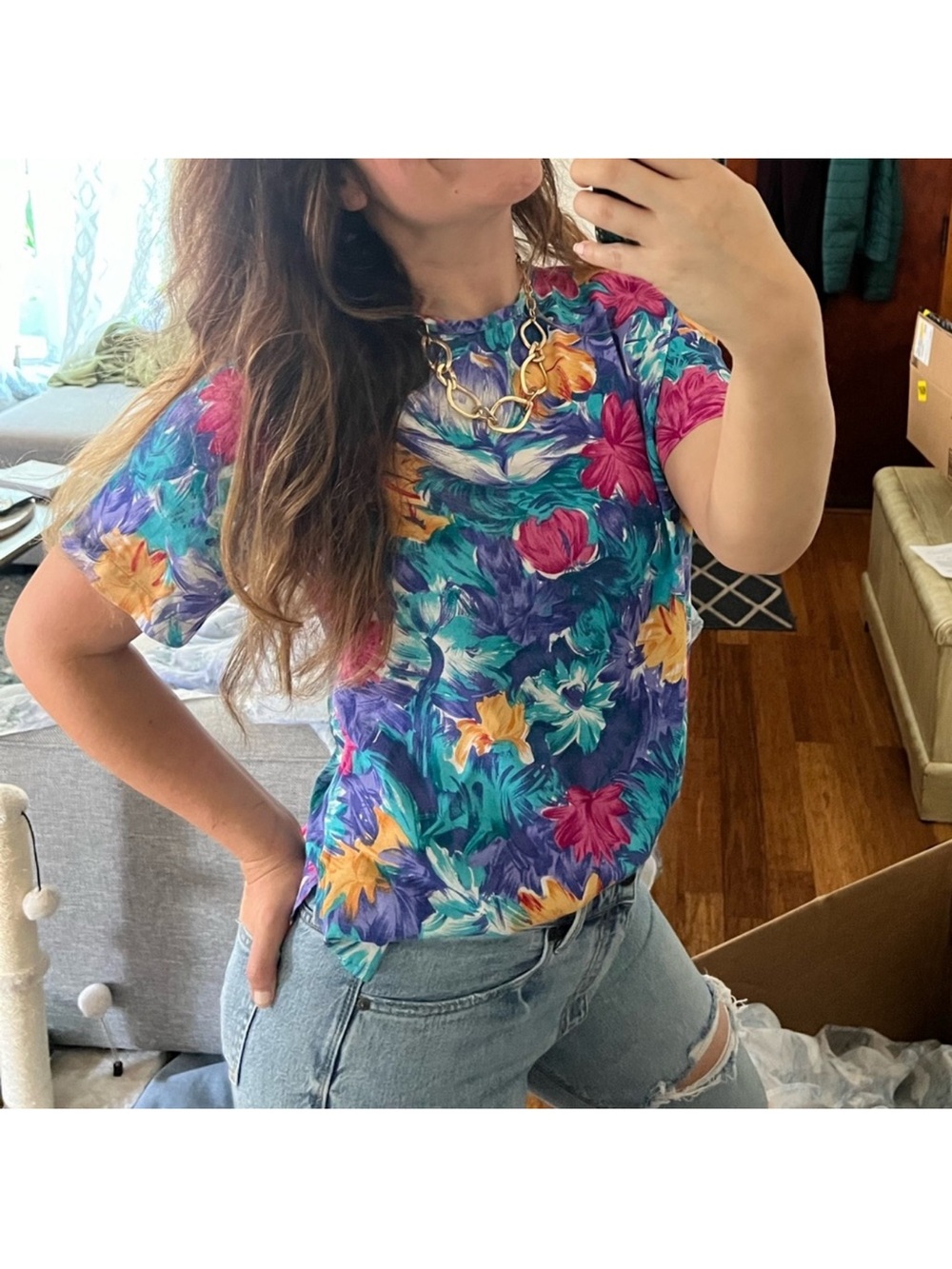 Vintage 90s Bright Colorful Floral Shortsleeve Blouse 🌿